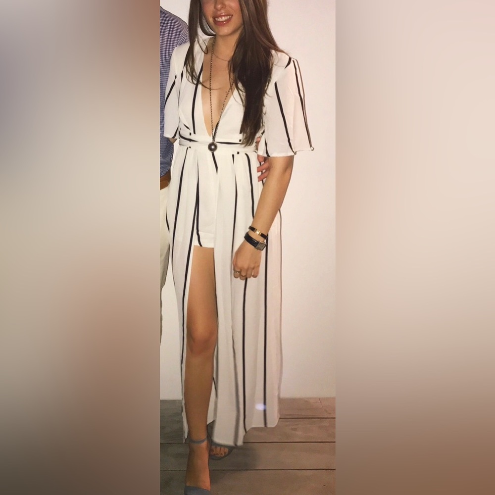 Linen like stripe romper with overskirt